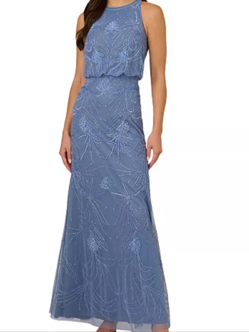 Adrianna Papell Beaded Blouson Mermaid Gown French Blue. 8